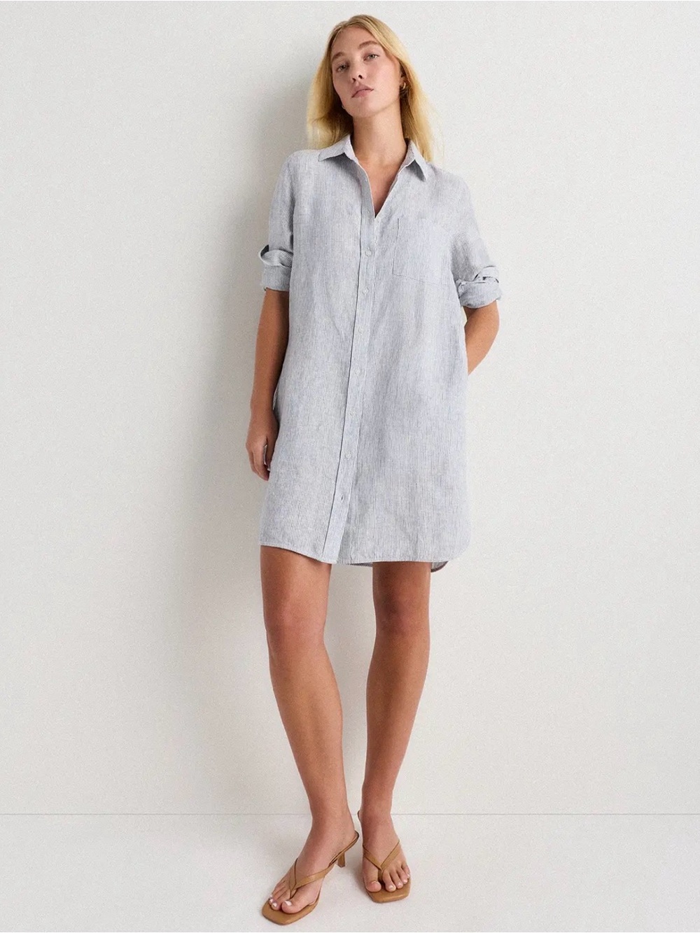 Quince Light Blue Striped Midi Shirt Dress - Picture 2 of 6